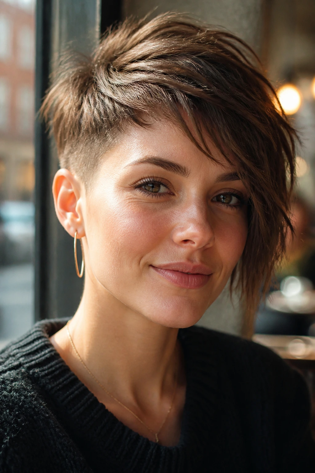 Close-up portrait of a woman with an asymmetrical textured pixie hairstyle in a sunlit cafe setting