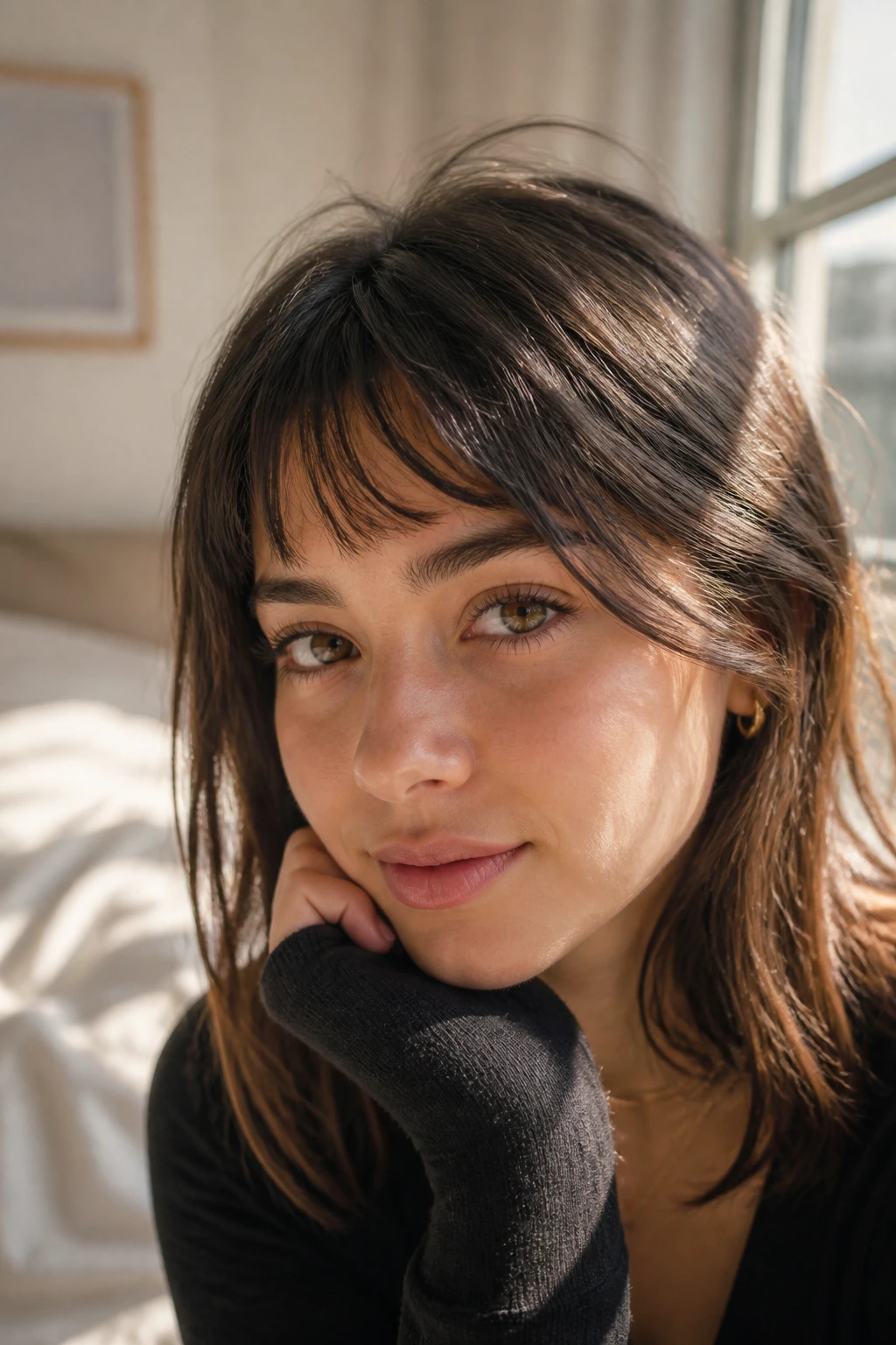 Close-up portrait of a real person with baby bangs and a soft undone side part in a sunlit bedroom