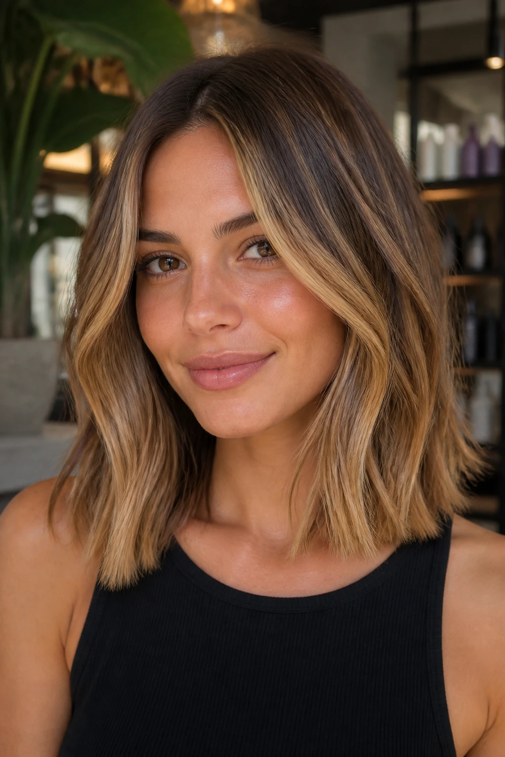Close-up portrait of a real woman with a blunt shoulder-length haircut and honey balayage emphasizing face-framing pieces