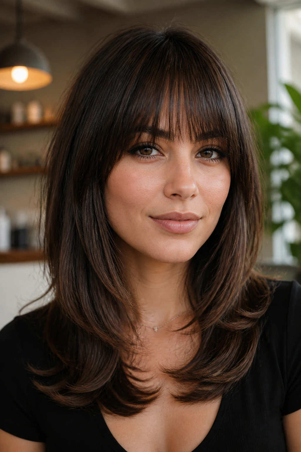 Close-up portrait of a real woman with blunt bangs and structured layers in soft light