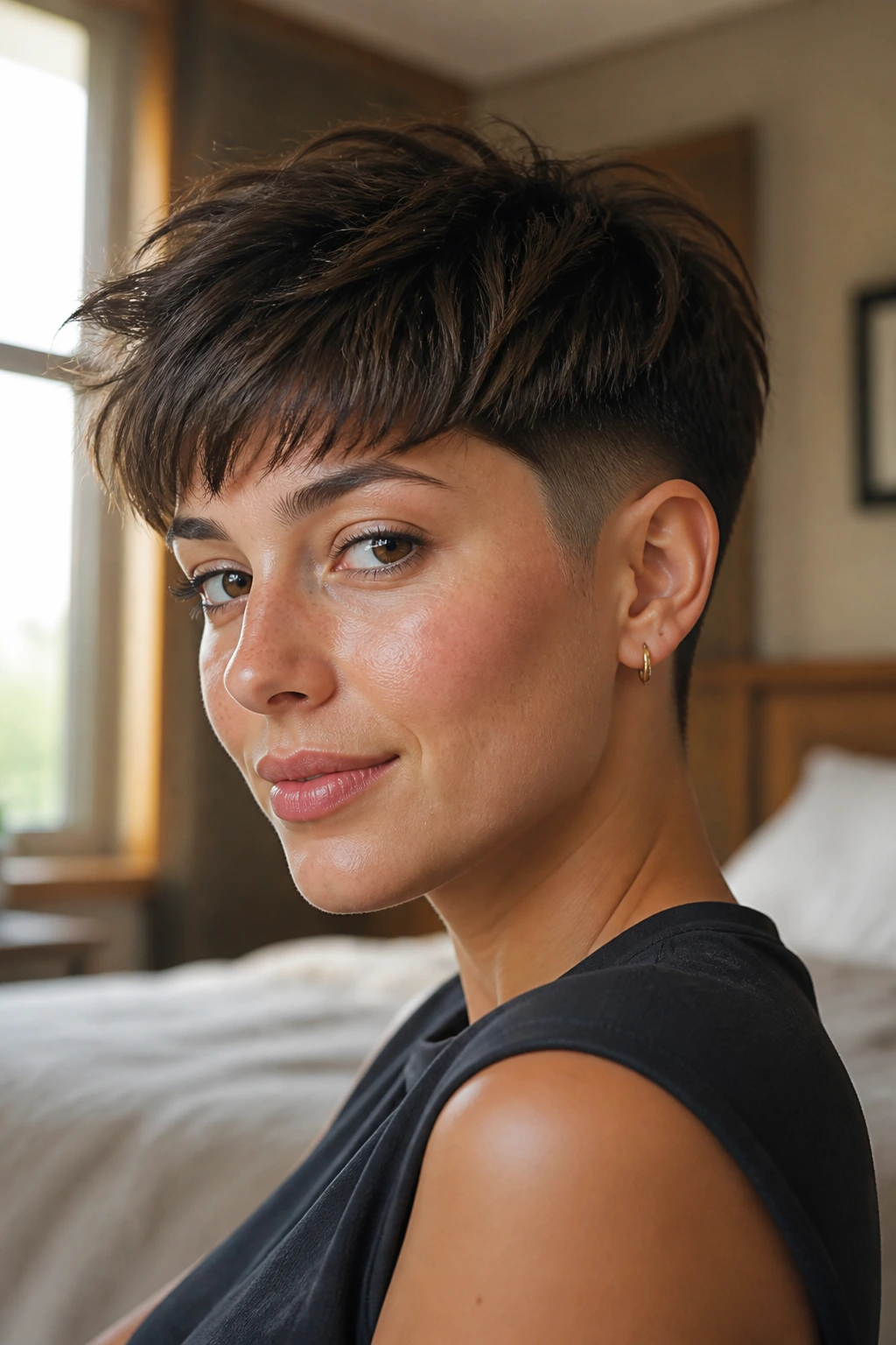 Portrait of a person with a blunt crop and soft crown hairstyle in a sunlit bedroom