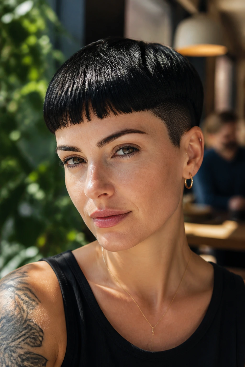 Close-up of a person with a blunt fringe pixie haircut in a sunlit cafe