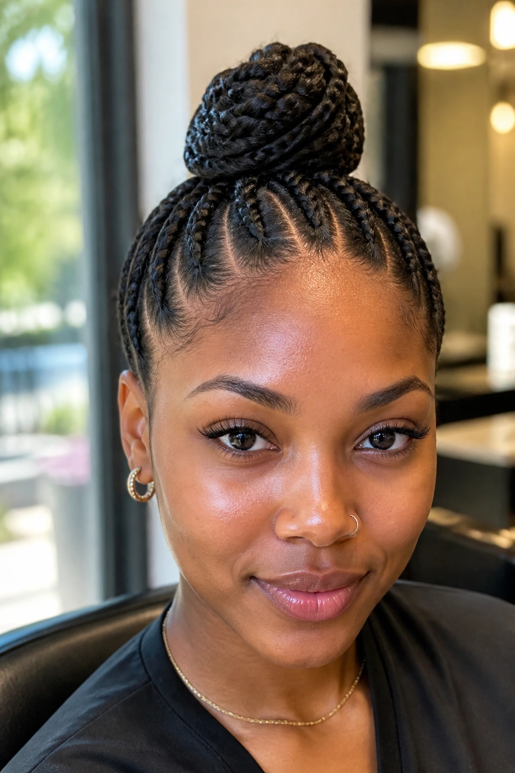 Close-up of a real woman with a braided topknot crown in a softly lit salon.