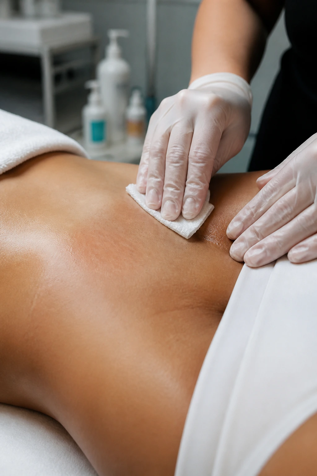 Close-up of bikini-area skin being prepped with antiseptic for Brazilian laser hair removal by a clinician