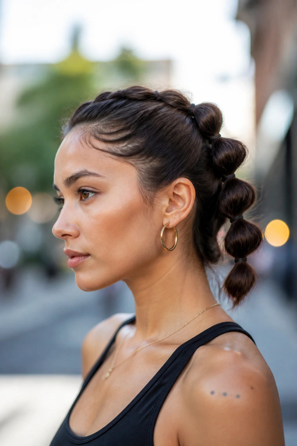 Close-up of real person with bubble braid on short hair