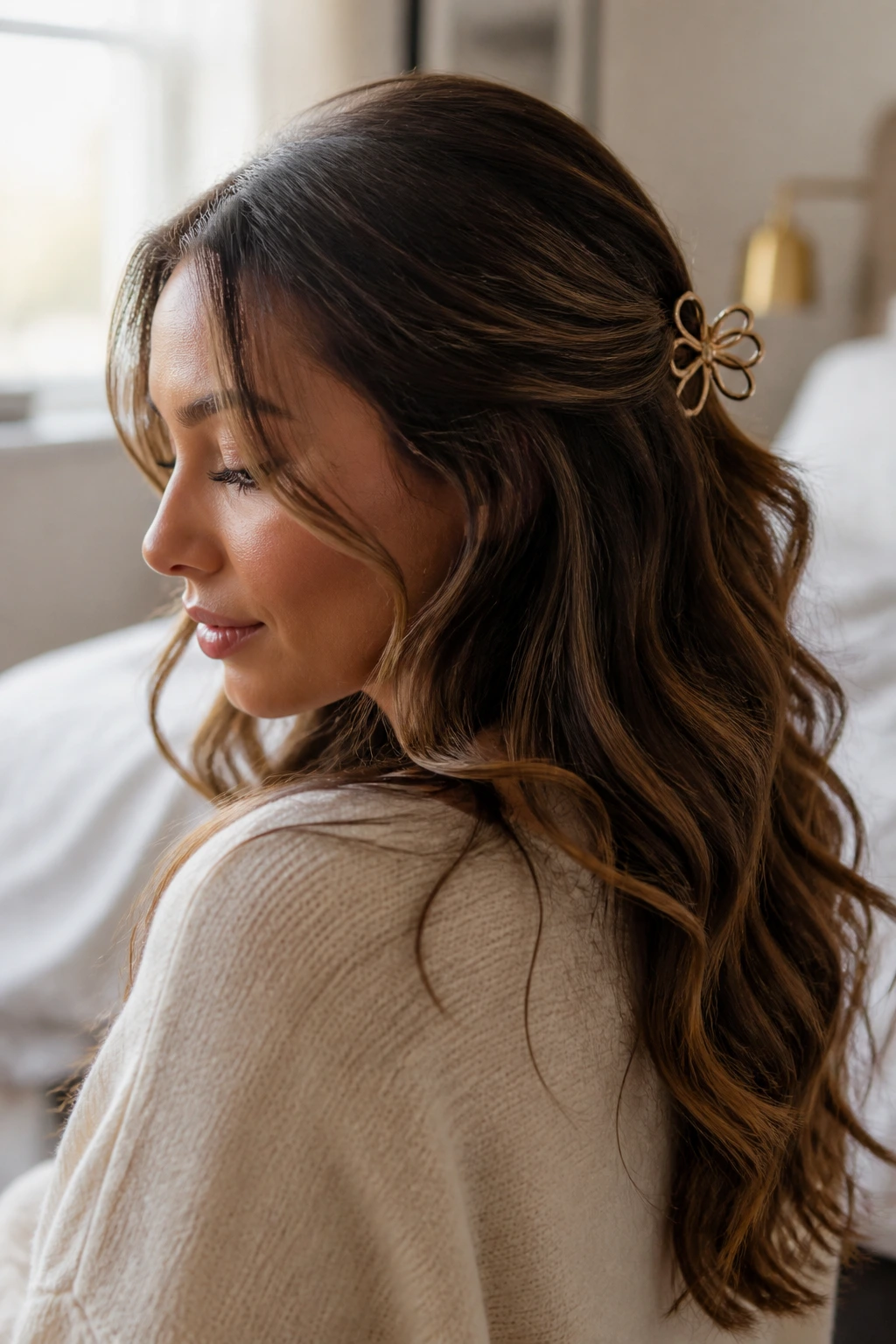 Close-up of a real woman with casual waves and a back clip in warm natural light