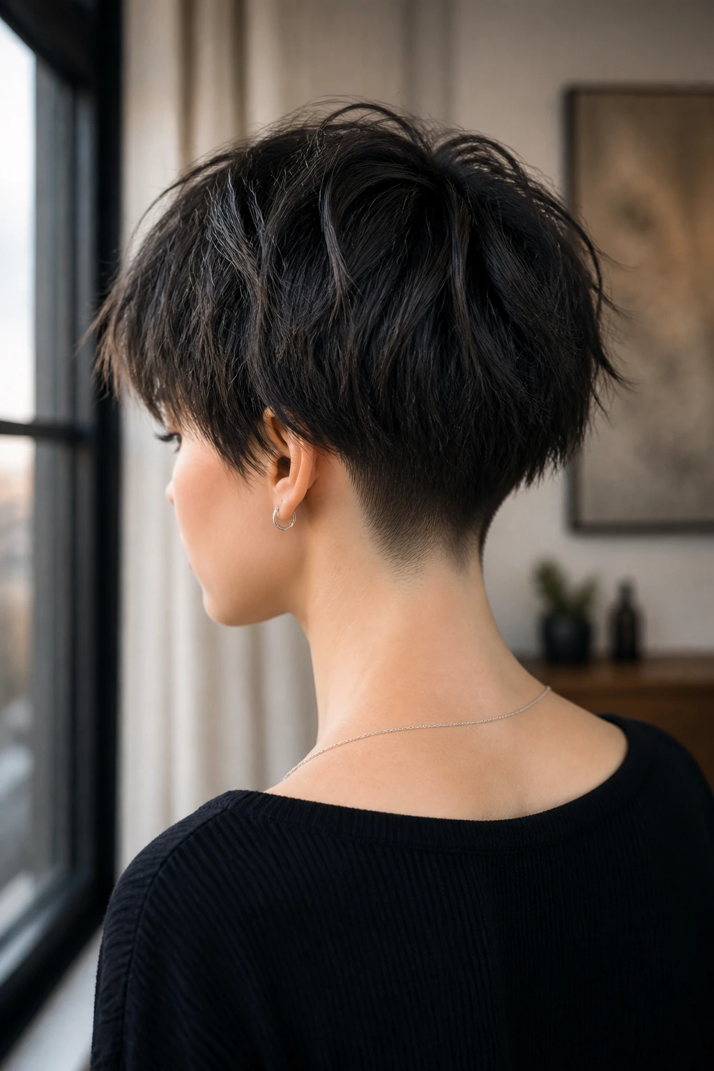 Back-of-head view of a person with a choppy cropped cut and shaved nape