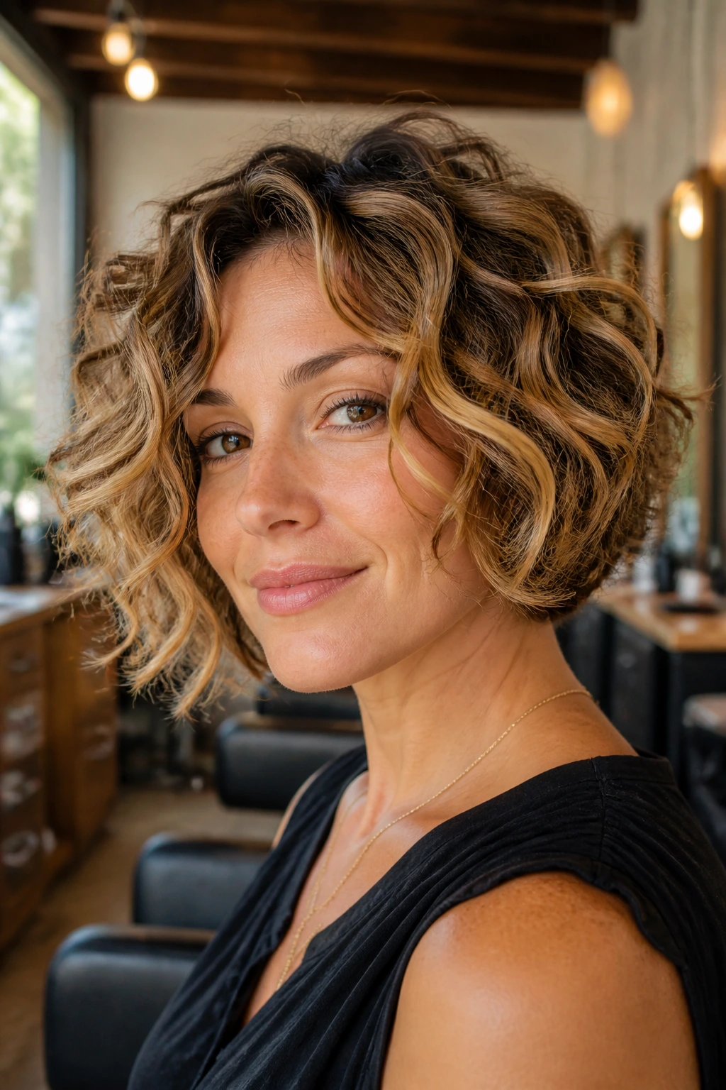 Close-up portrait of a real woman with a choppy curly bob featuring dimensional color highlights and lowlights