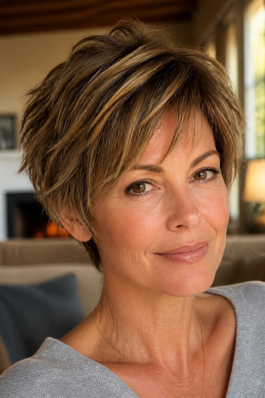 Close-up of a real woman with a choppy pixie bob and soft toffee highlights