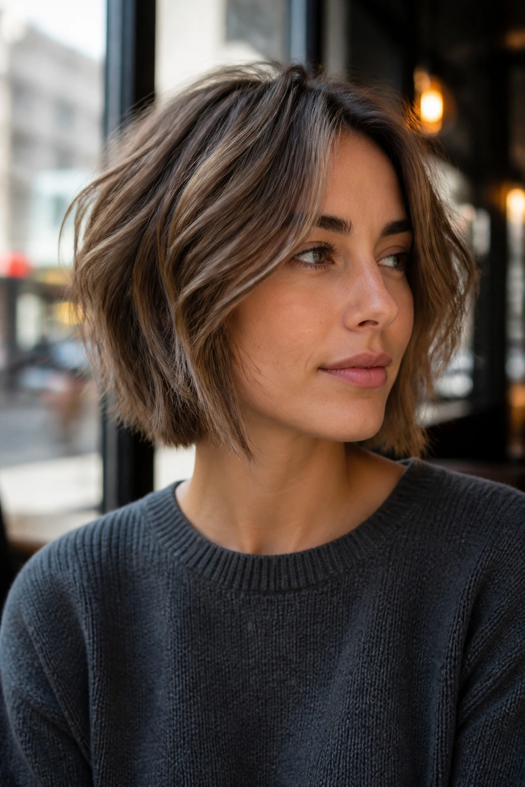 Close-up of a real woman with a choppy textured bob and face-framing layers in cafe daylight