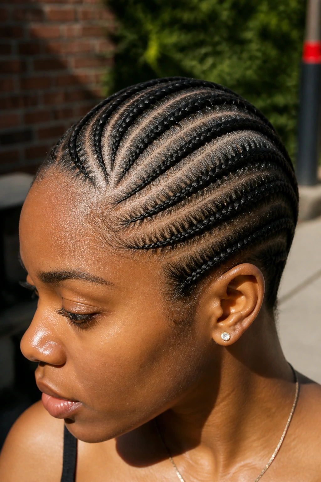 Close-up of real person with cornrows on short hair