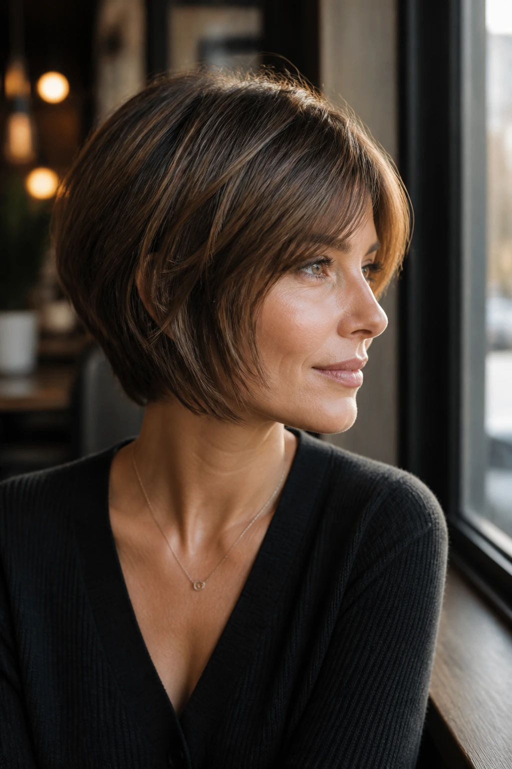 Close-up of a real woman with a cropped layered bob in neutral brunette.