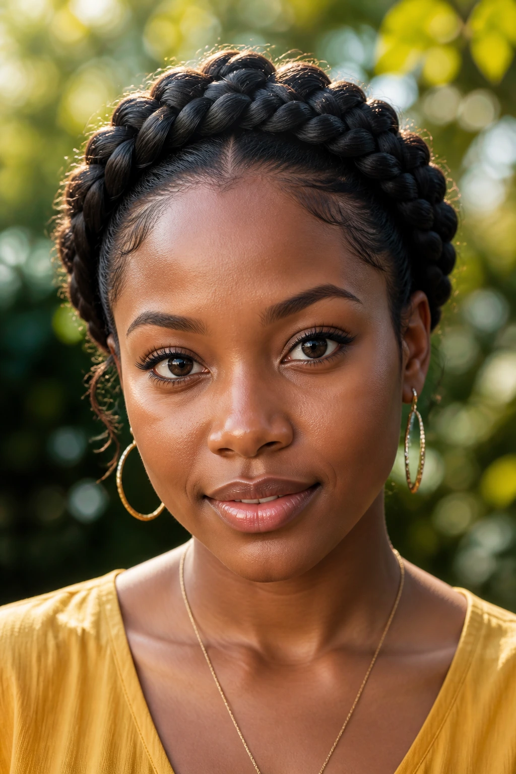 Close-up portrait of a real woman with a crown braid encircling her head