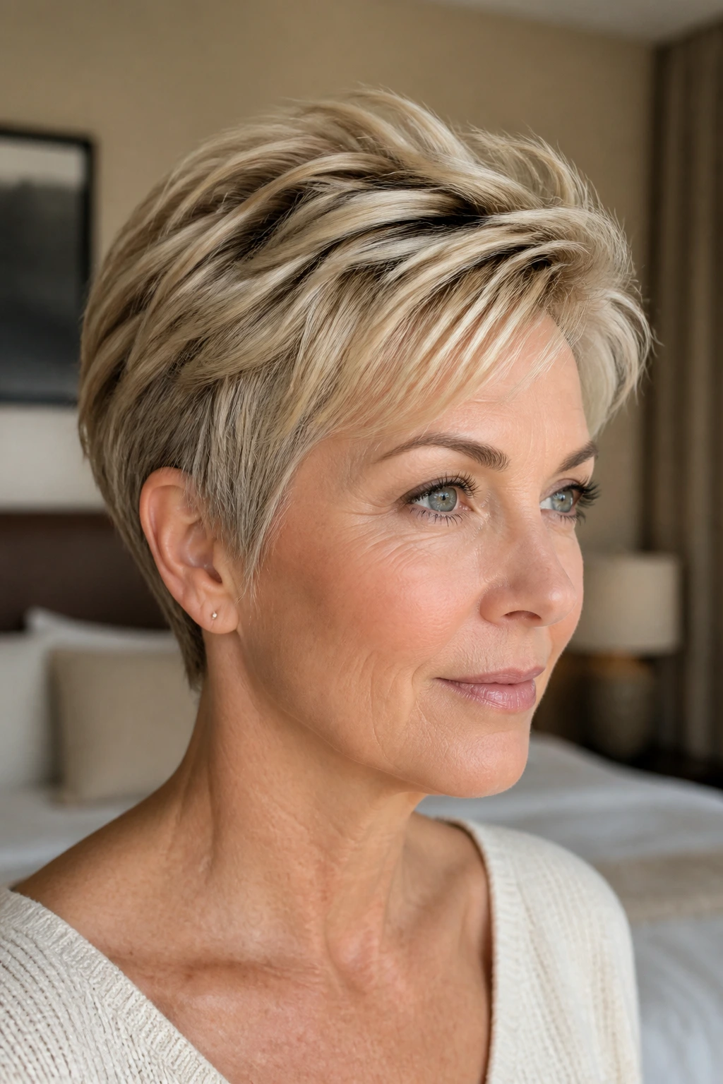 Close-up portrait of a woman with a crown-lifted pixie in sandy blonde.