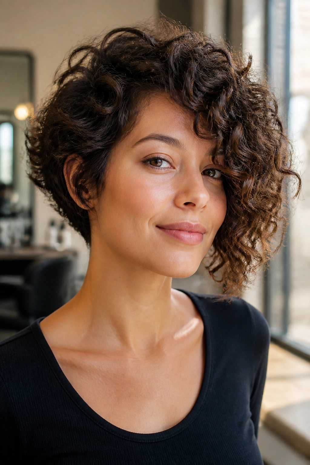 Close-up of a real woman with a curly asymmetrical bob and defined curls, warm window-light portrait