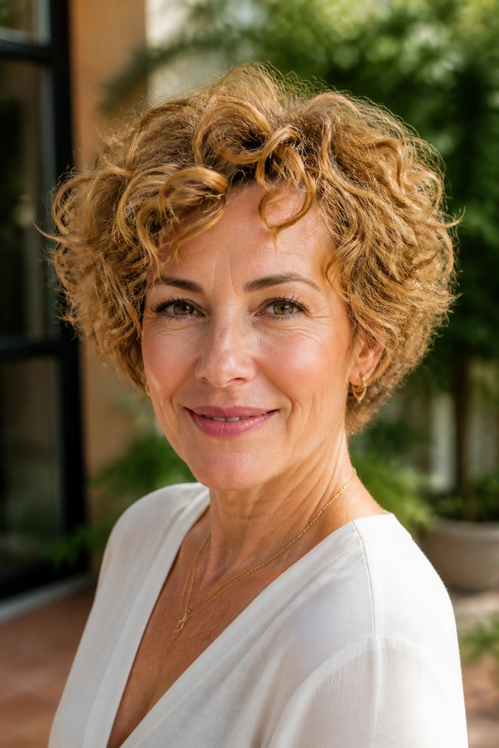Real woman with curly pixie bob in golden caramel color, voluminous curls