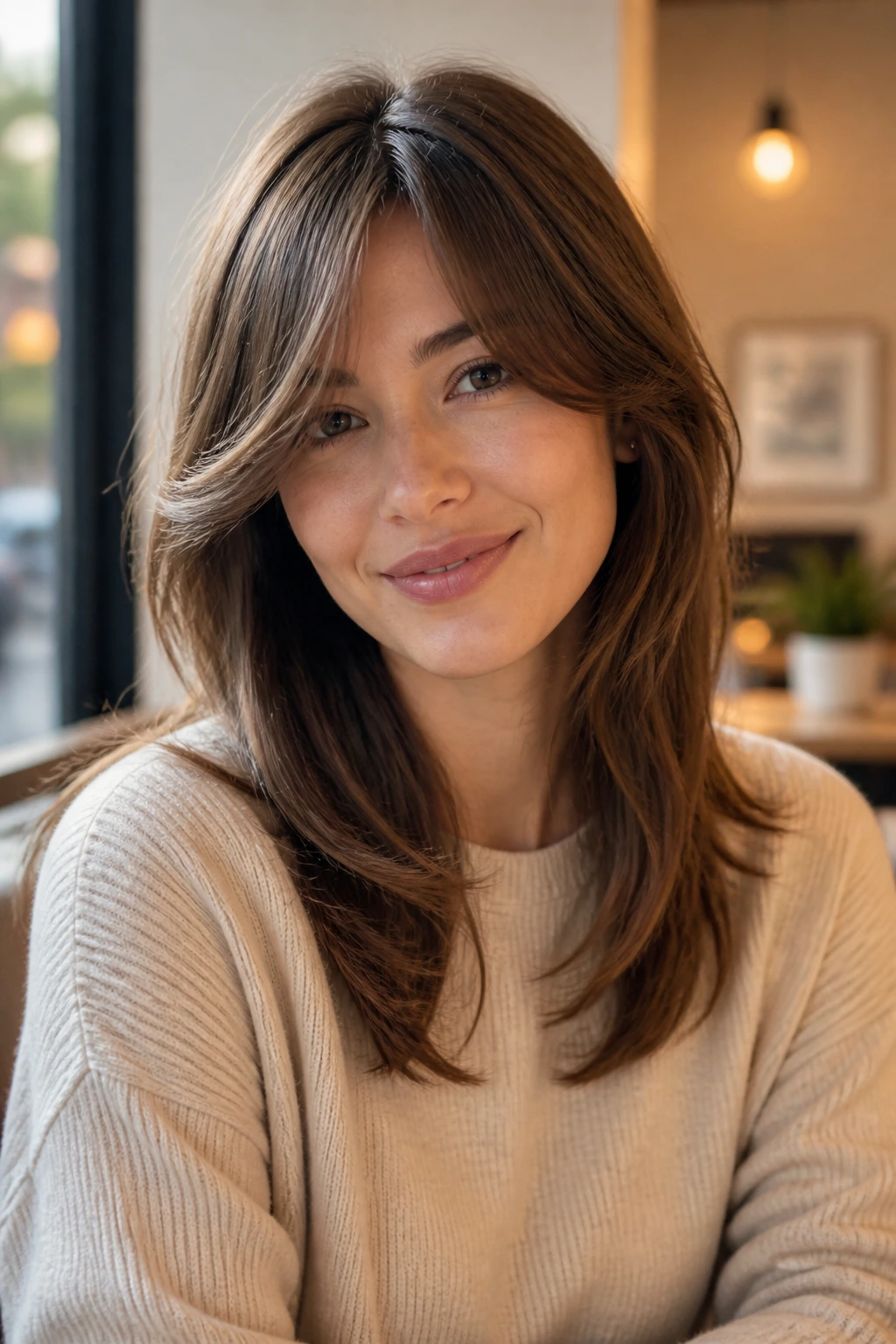Portrait of a woman with long curtain bangs side-parted and layered medium-length hair