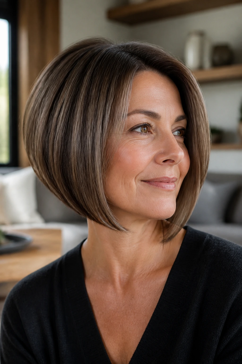 Close-up of a real woman's curved bob with longer front in cool mocha shade