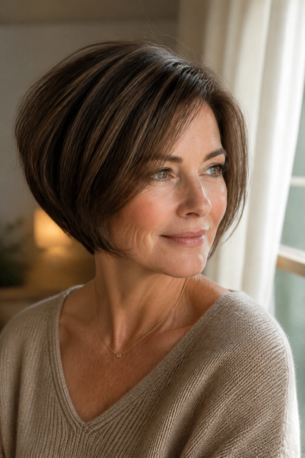 Close-up of a real woman's cropped curved bob in cool mocha shade under natural light