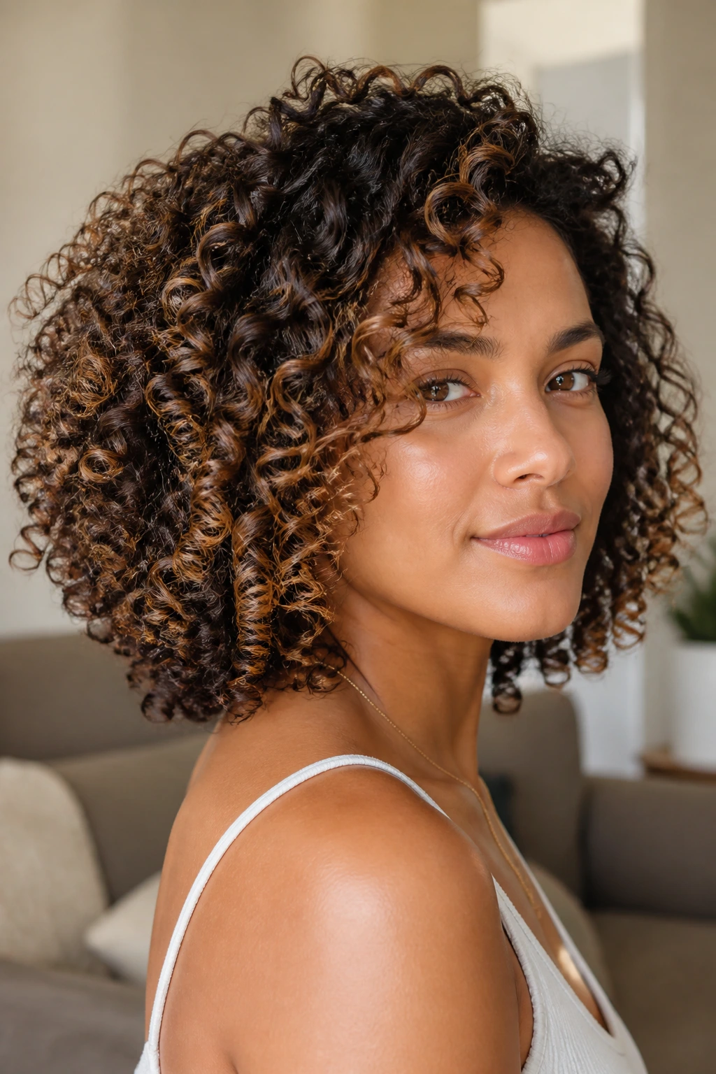 Close-up of a real person with customized curl pattern cut showing diverse curls