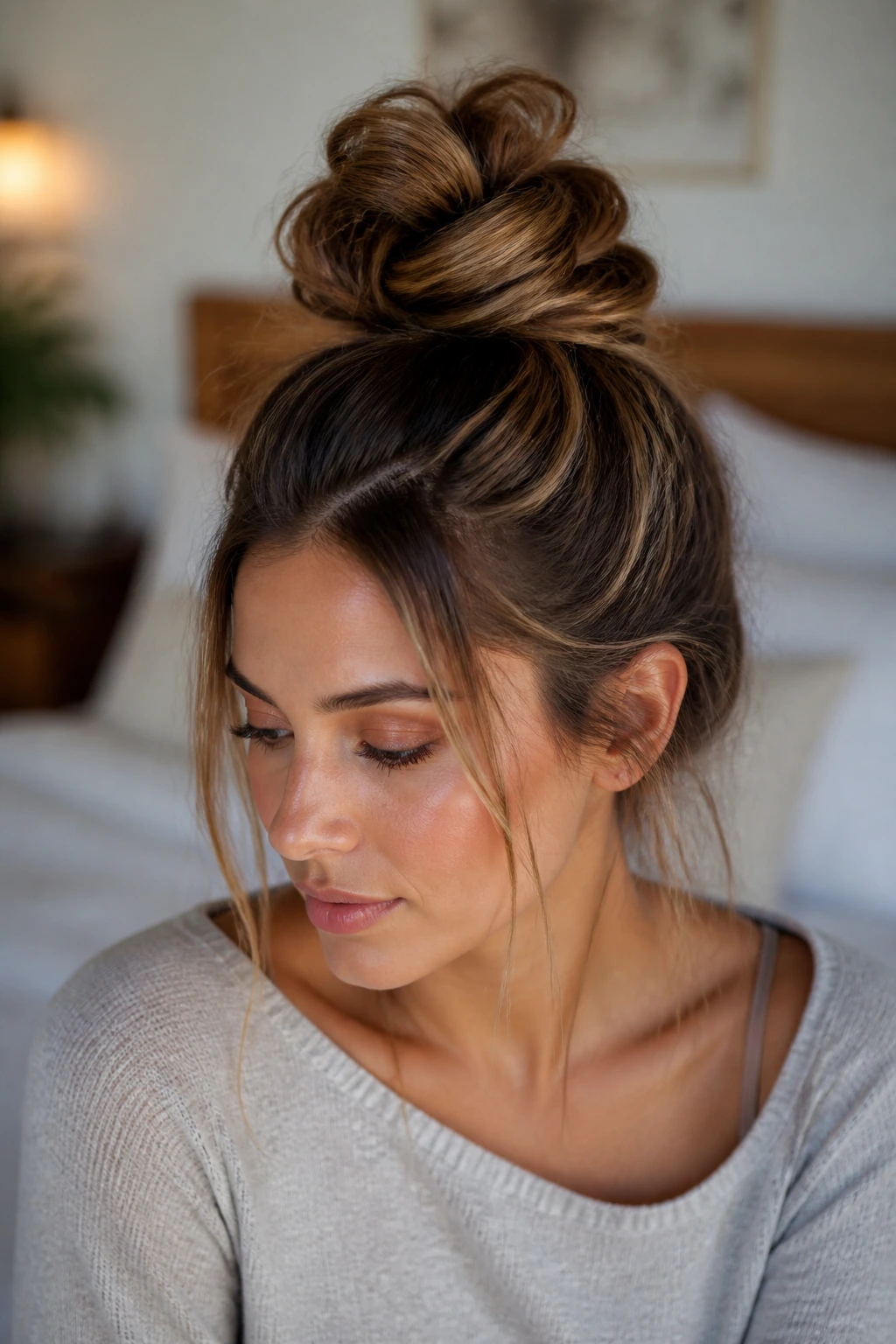 Close-up of a real person with a voluminous double-section top knot and textured grip.