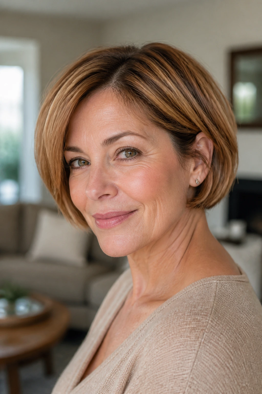 Close-up of a real woman with ear-length bob in maple brown hair