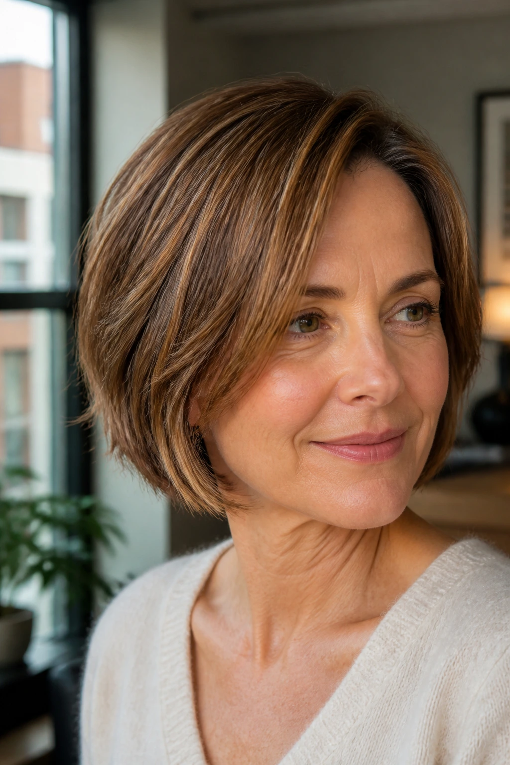 Close-up of a real woman wearing an ear-length bob with textured ends in maple brown