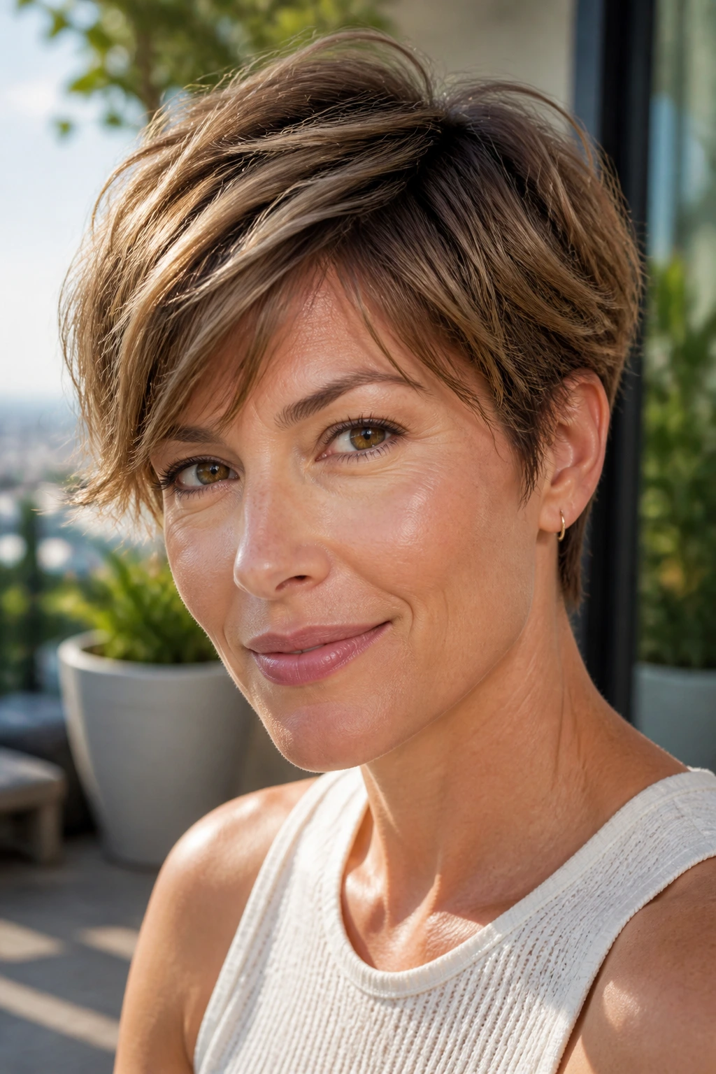 Portrait of a woman with extended pixie and wispy layers outdoors