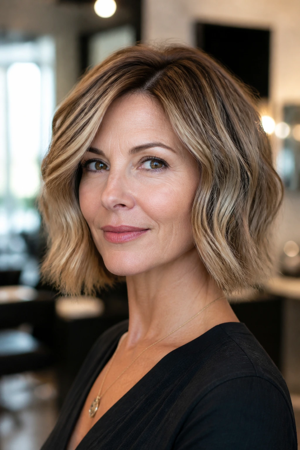 Real woman with a flattering bob chosen for her face shape.