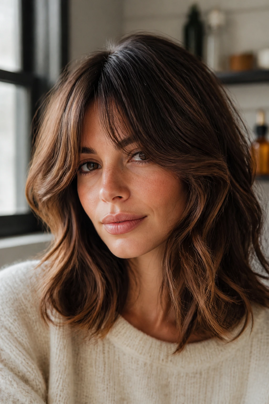 Portrait of a woman with feathered longer bangs and soft shoulder-length waves in natural light