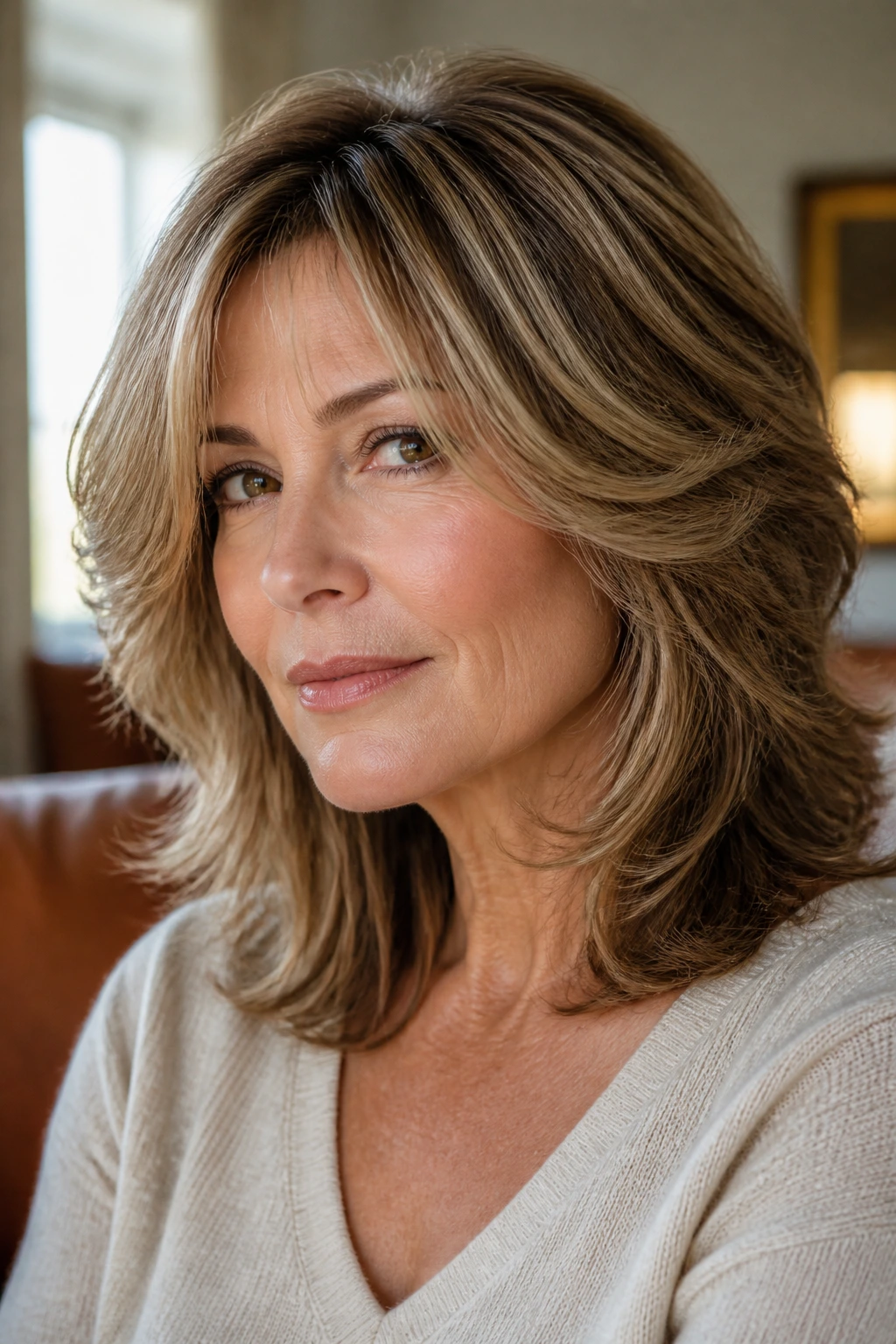 Close-up of real woman with shoulder-length feathered medium cut in warm natural light