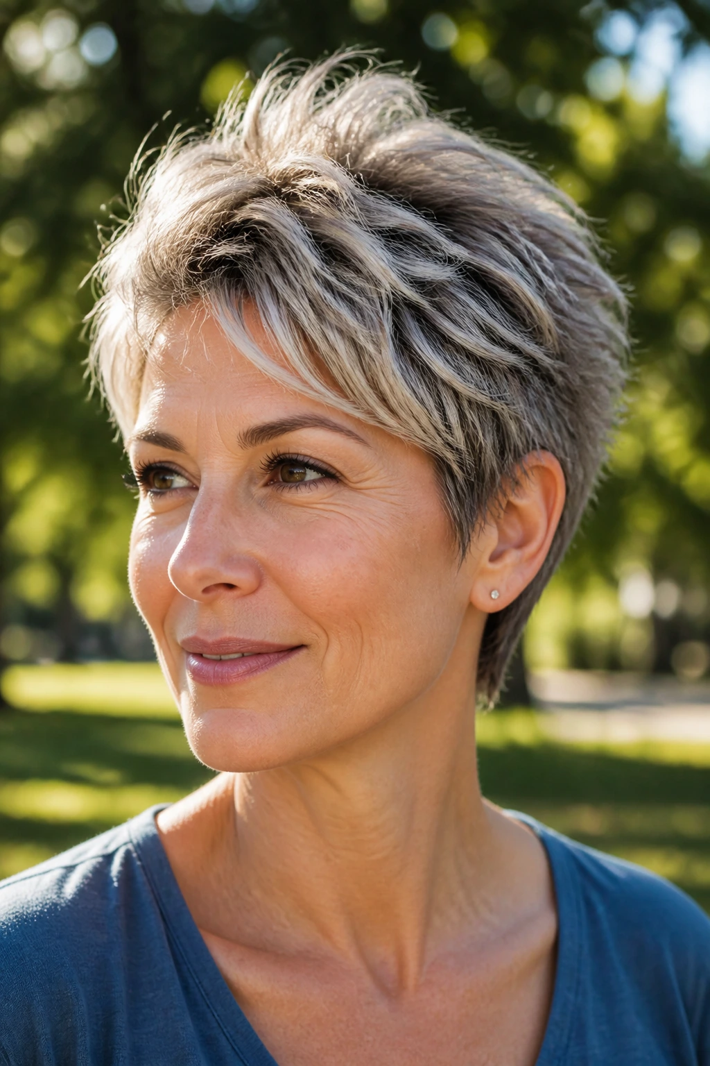 Close-up of feathered pixie hairstyle with face-framing layers in a sunlit outdoor setting