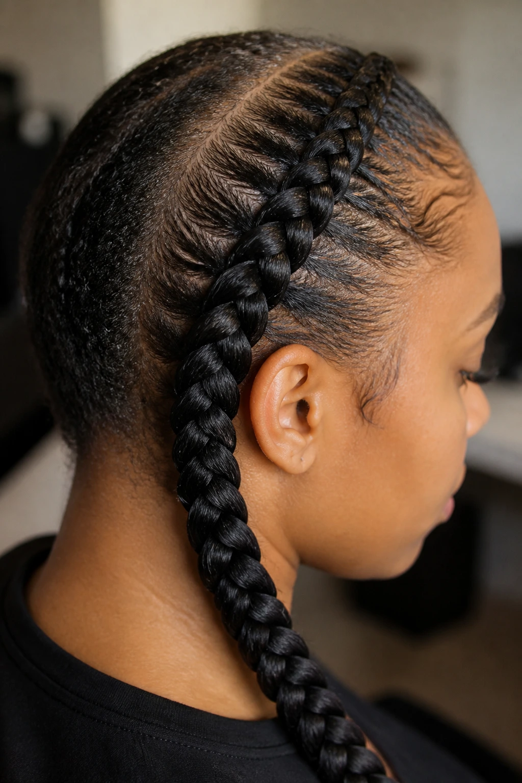 Close-up of a real woman with feed-in braids showing seamless extension blend.
