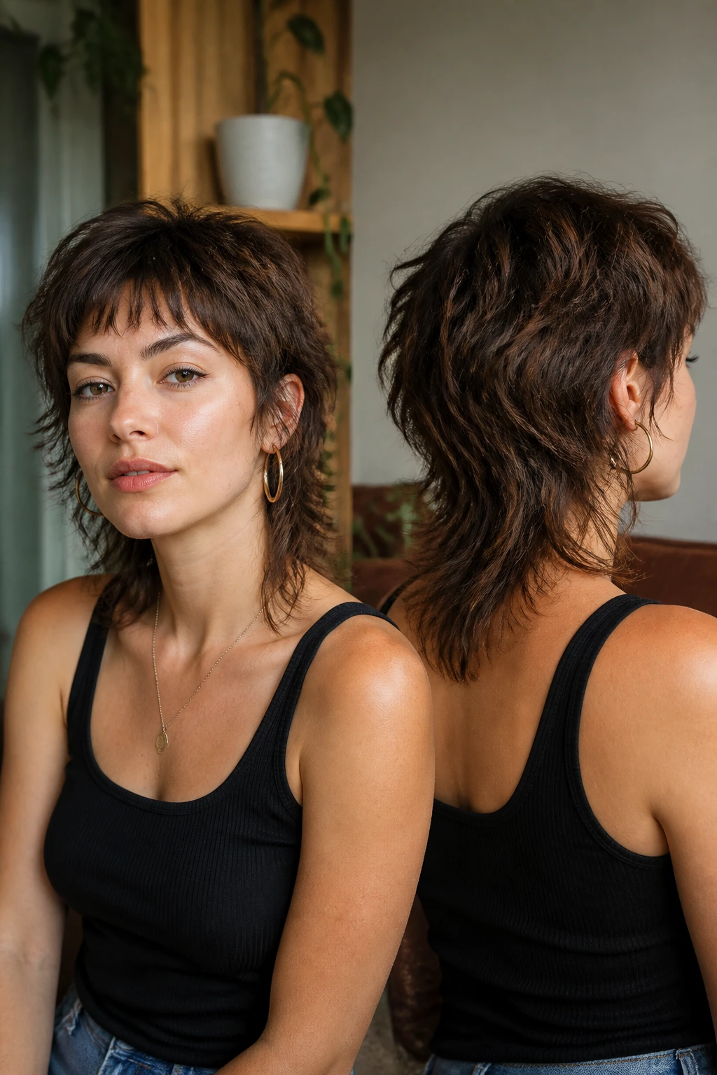 Close-up portrait of a real woman with a modern mullet in warm window light