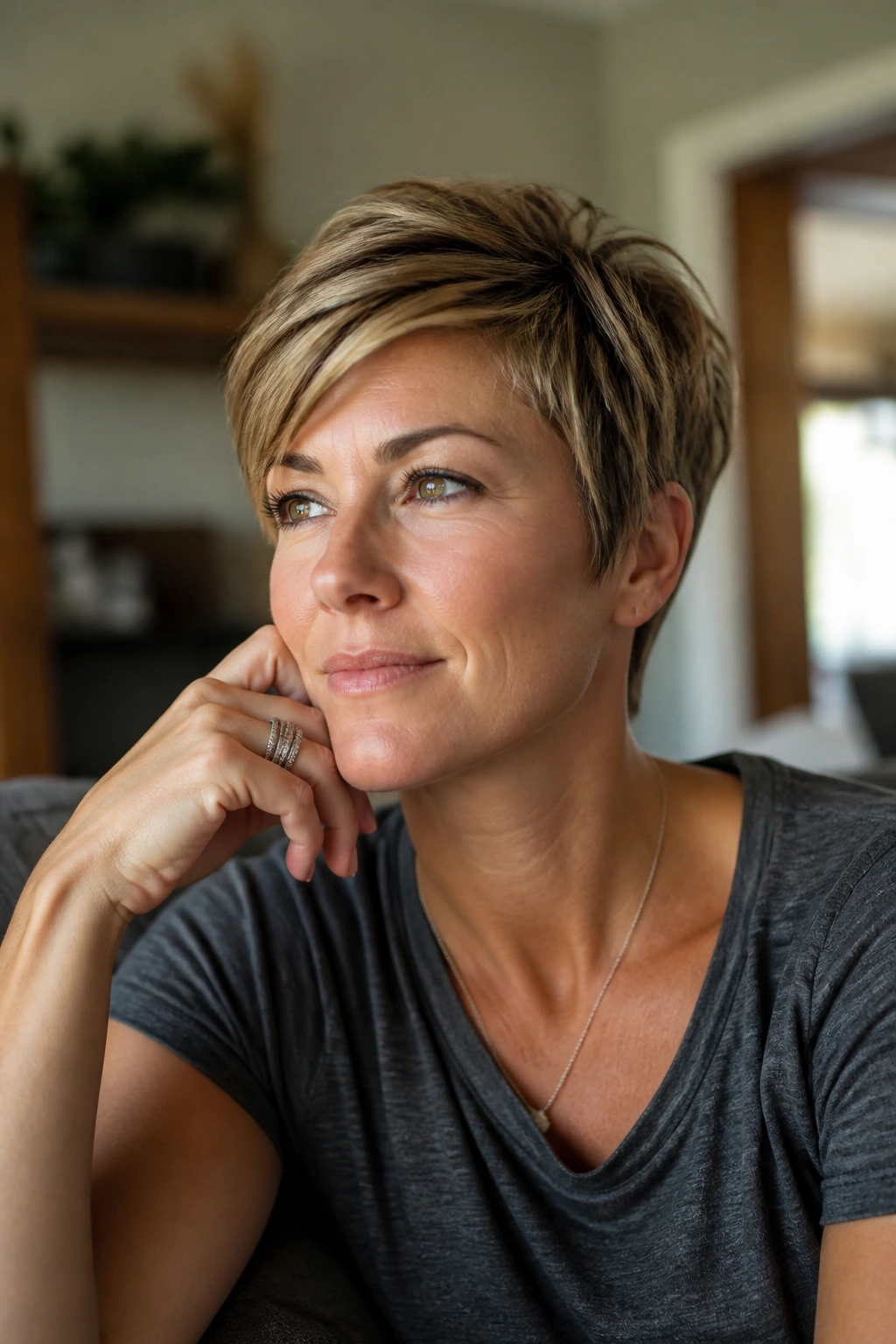 Close-up portrait of a real mom with a short, low-maintenance haircut in warm window light