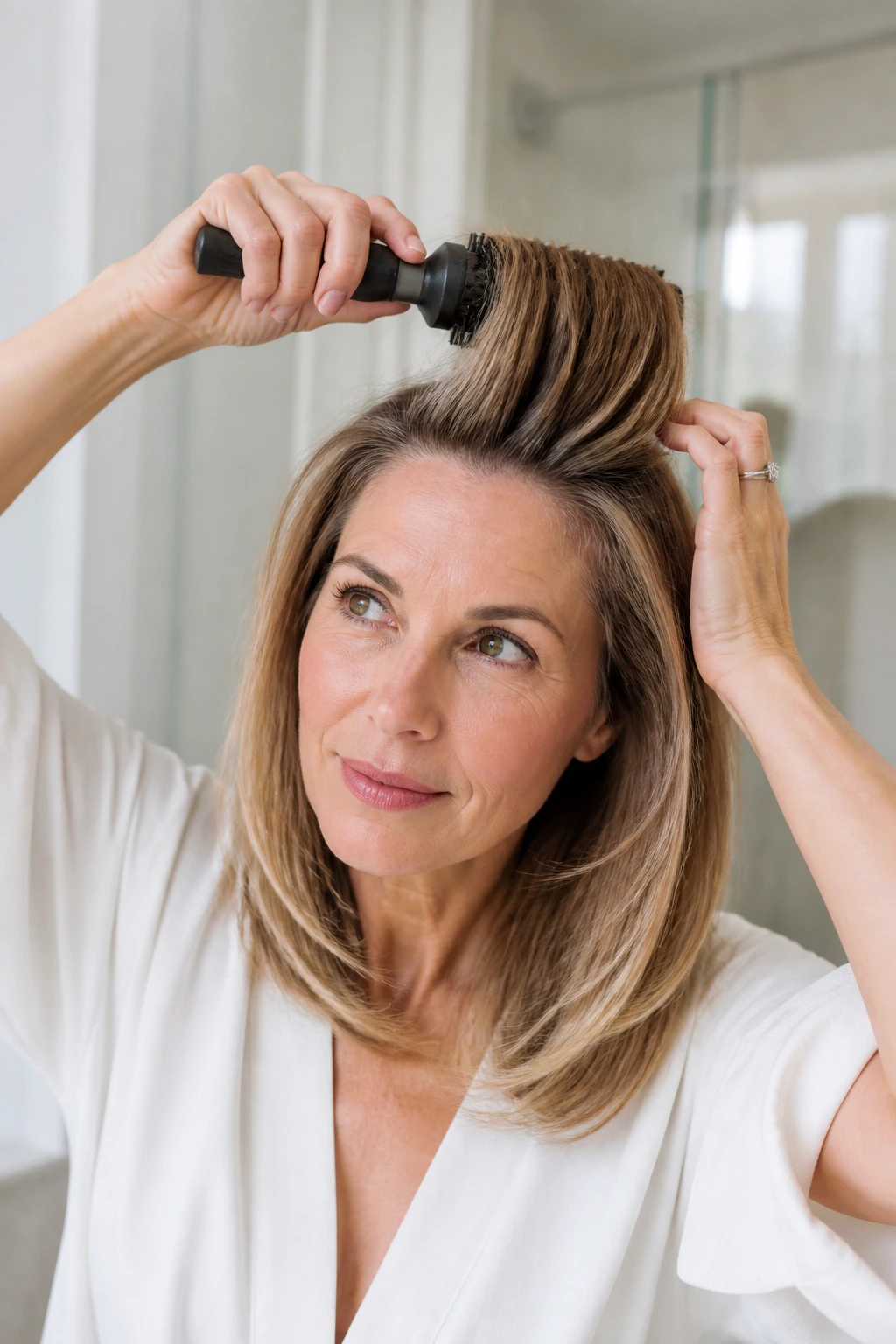 Real woman styling fine hair with round brush in bright bathroom.