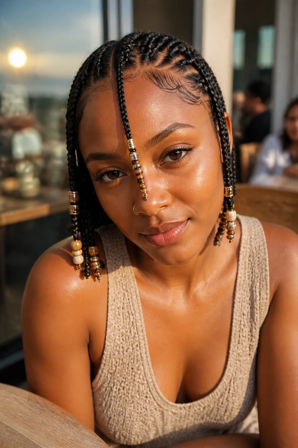 Close-up of a real woman with central Fulani braids and beads.
