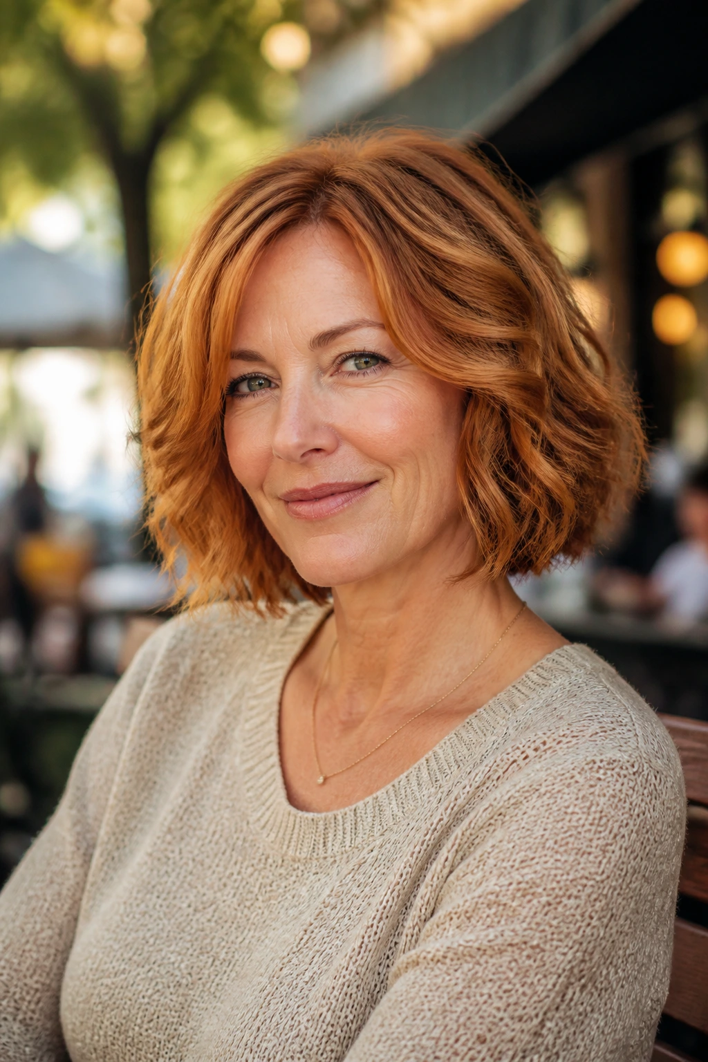 Close-up of a gentle-wave bob in soft copper.