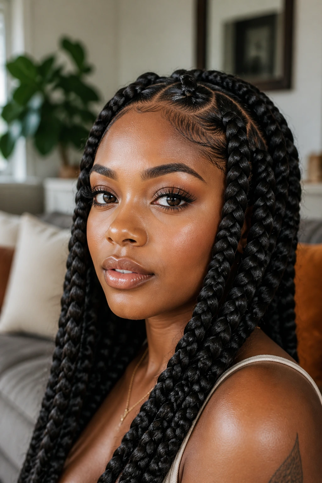 Close-up portrait of a real woman with thick goddess braids in warm window light.