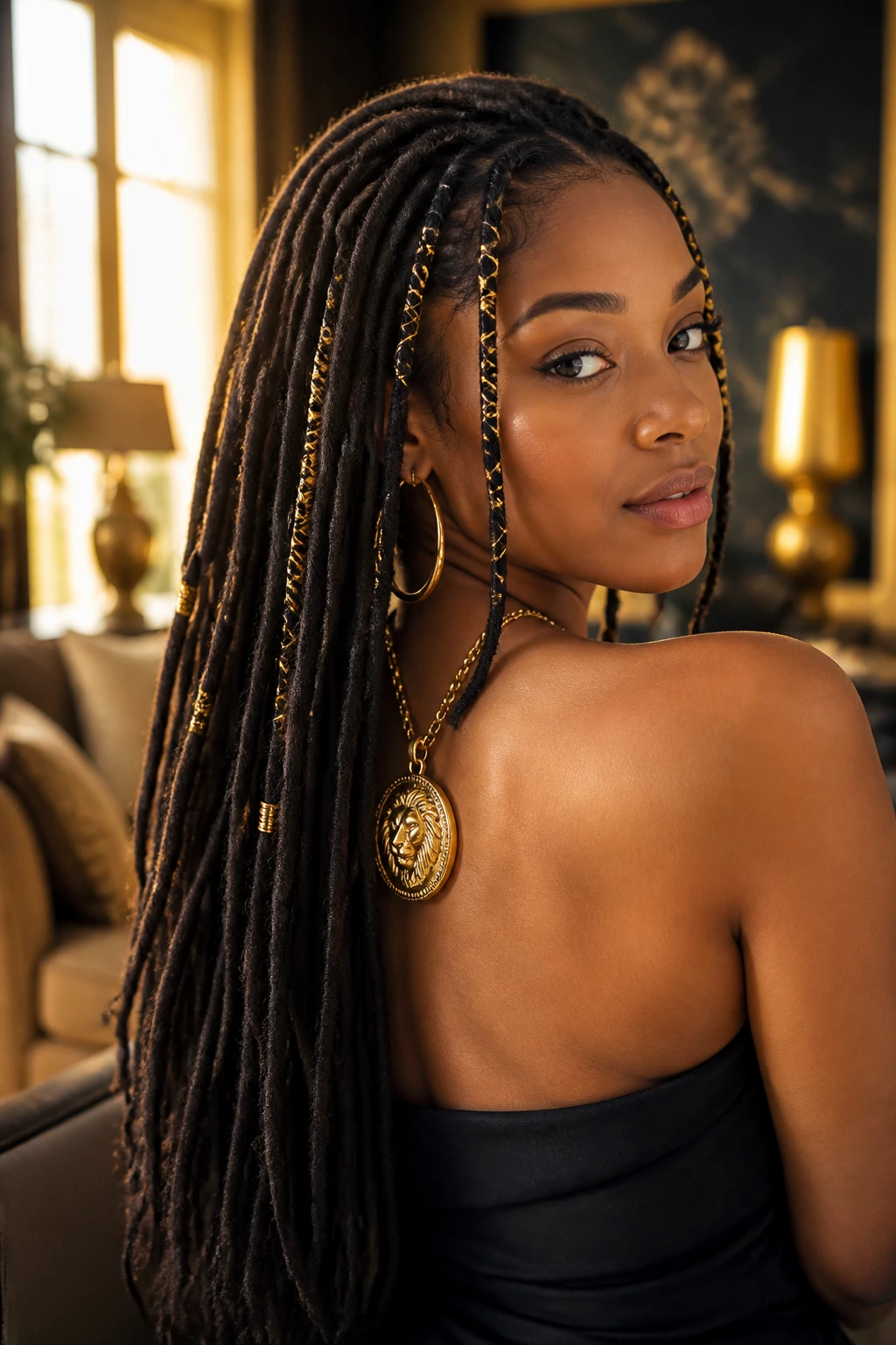 Close-up portrait of a woman with back-length locs wrapped in gold foil and gold jewelry