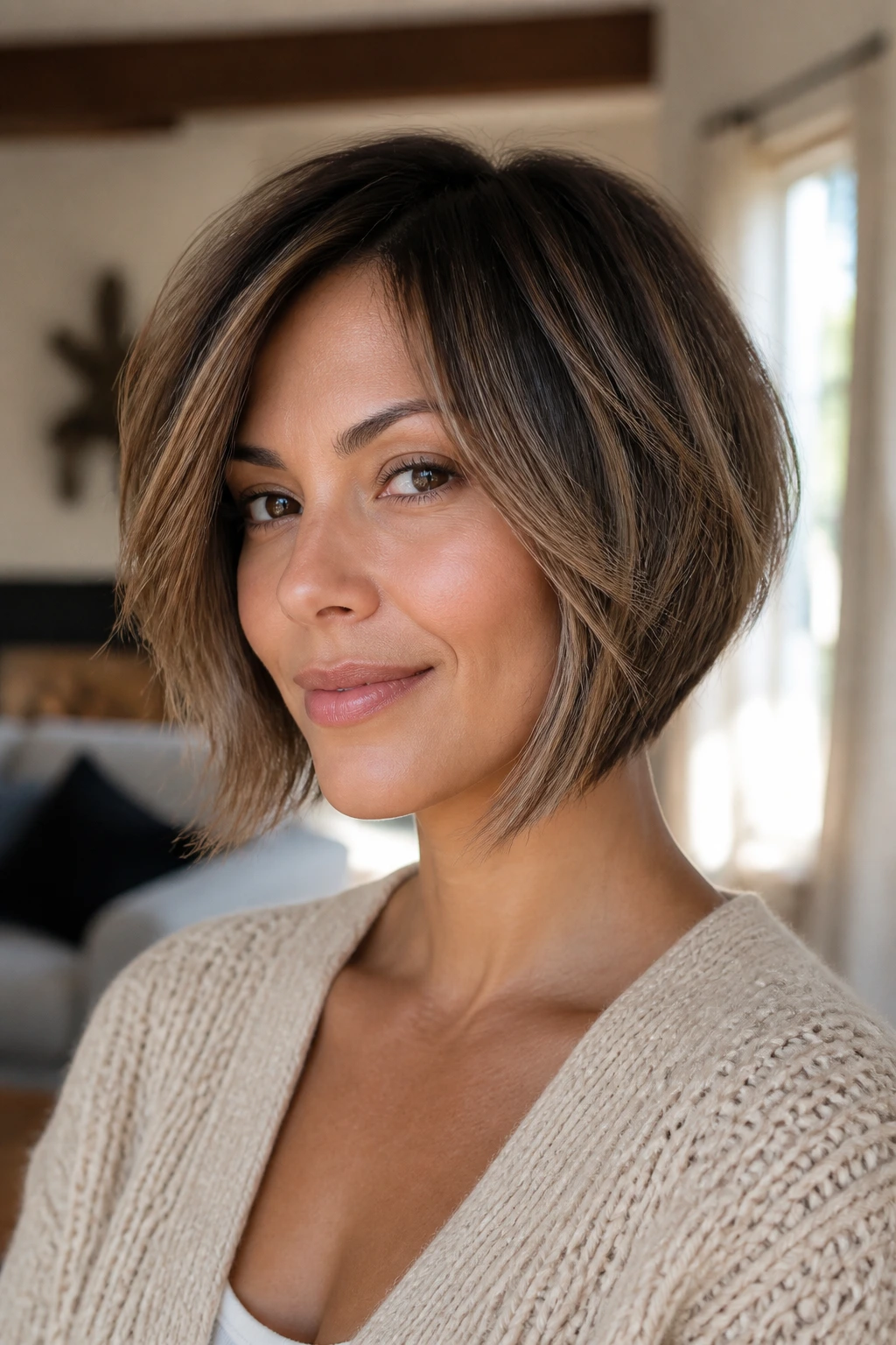 Close-up of a woman with a graduated bob featuring longer front and choppy layers in warm window light