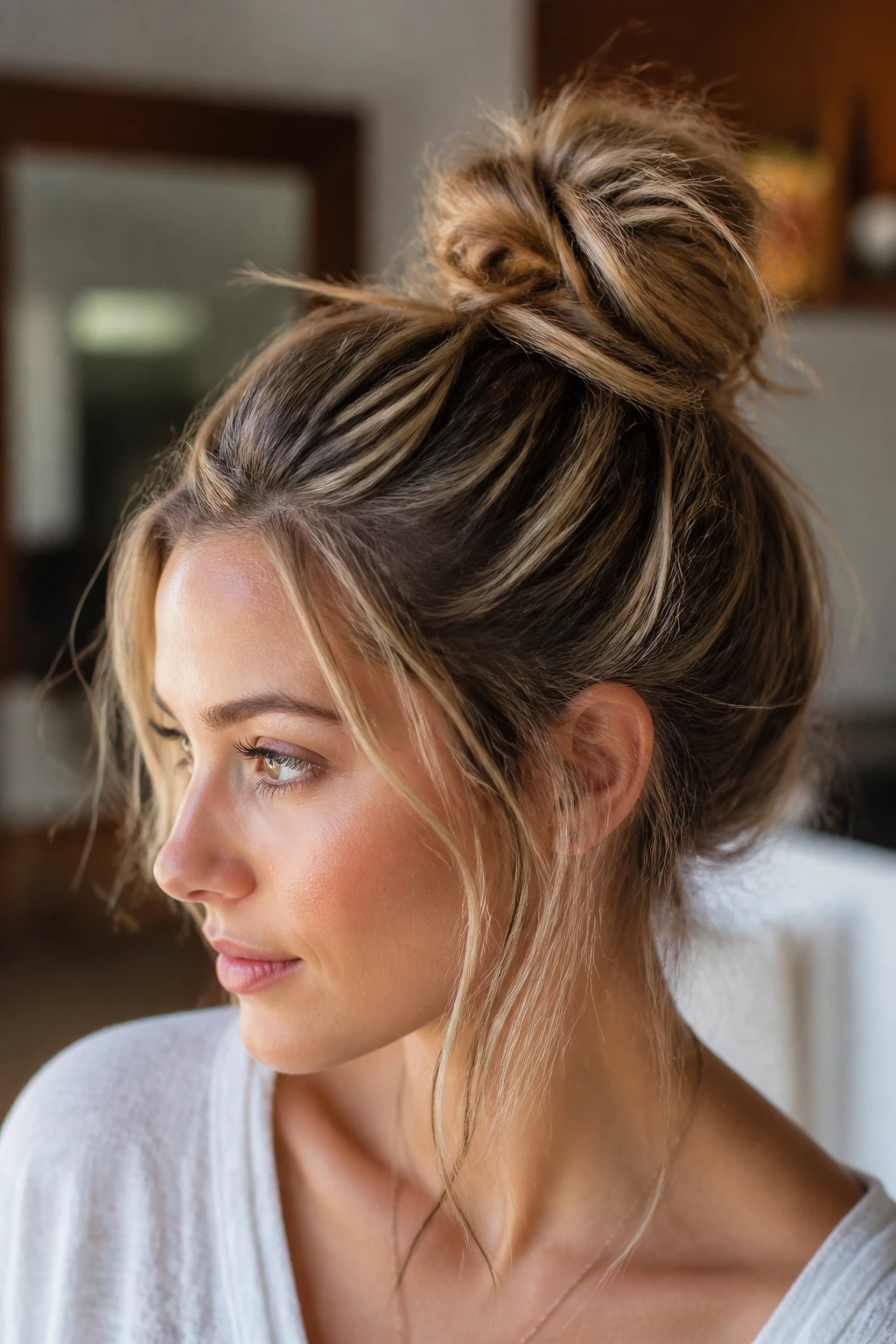 Close-up of hair with a top knot showing texture and grip from styling products on a real person.