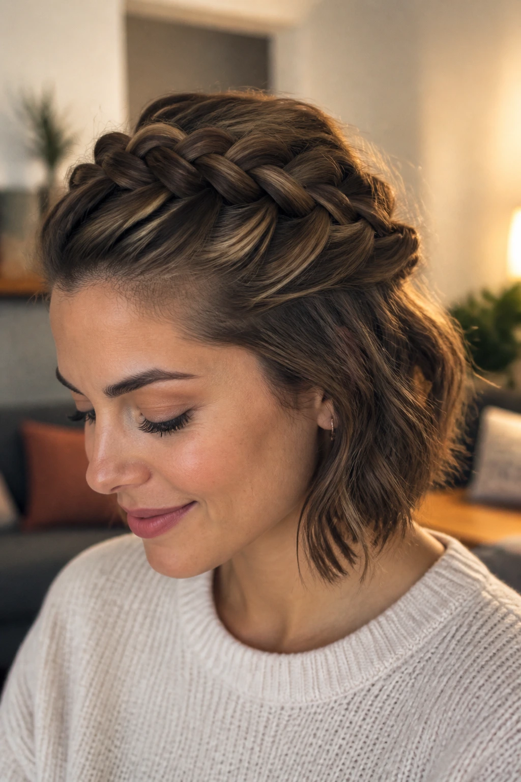 Close-up of real person with half-up braid on short hair