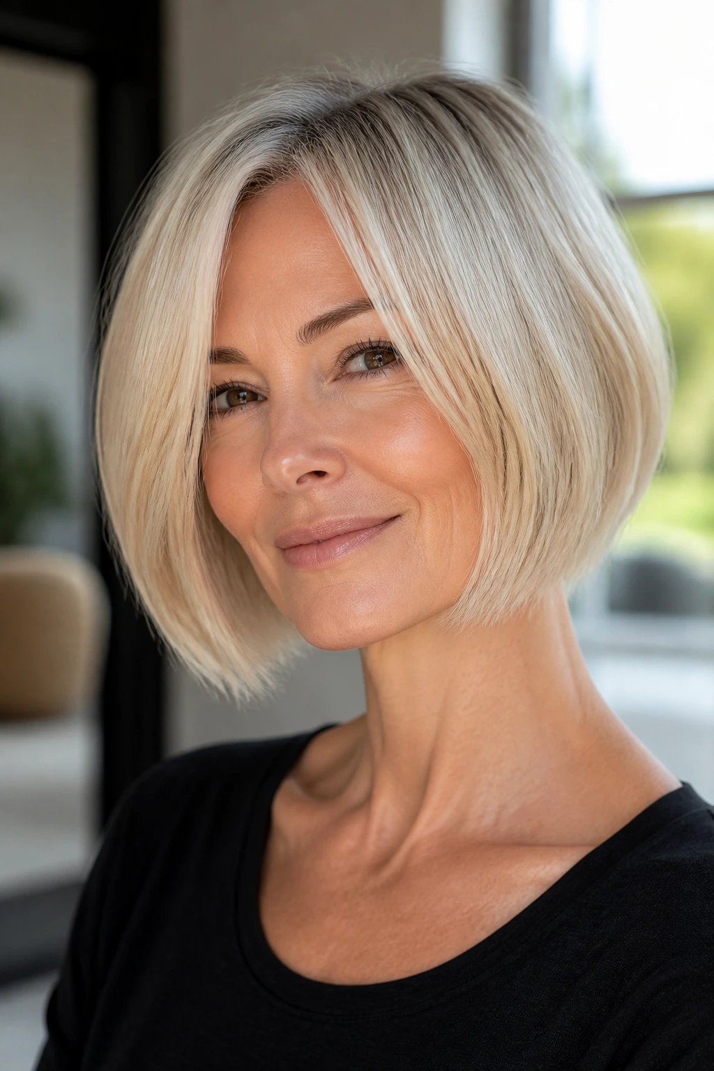 Close-up of a real woman with a jaw-length bob in frosty blonde