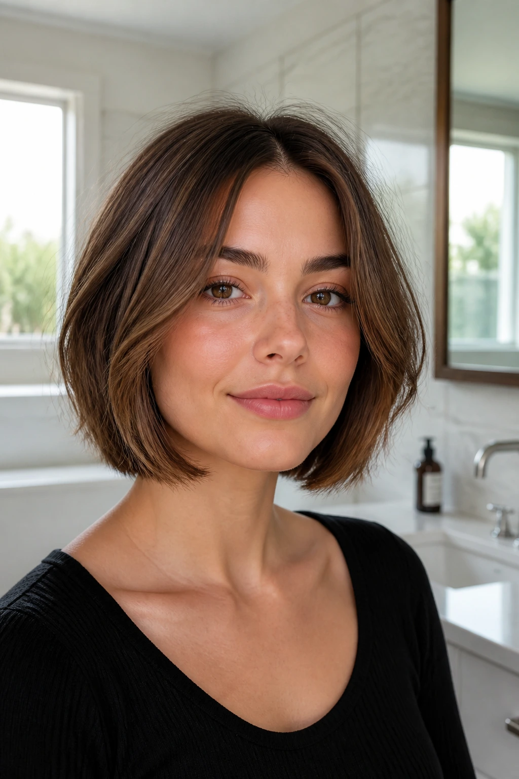 Head-and-shoulders portrait of a woman with a jaw-length bob and soft feathered layers in natural light