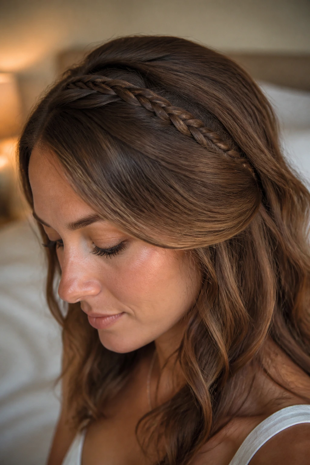 Close-up of a real woman's lace braid resting atop the hair crown in soft natural light.