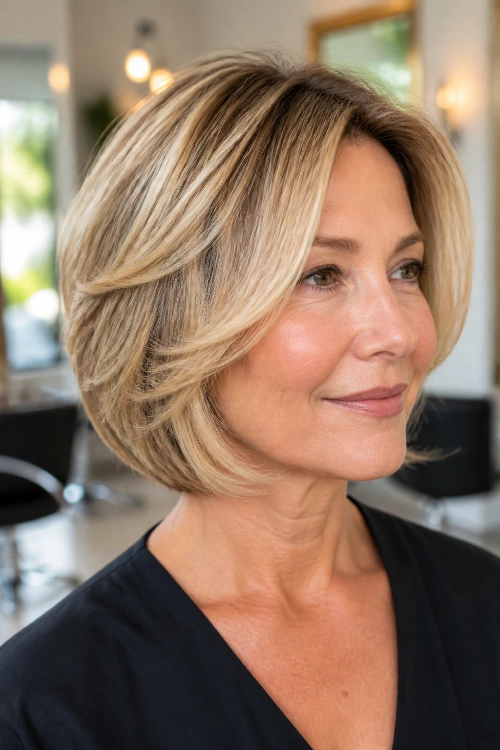 Real woman with layered bob and butter blonde balayage in bright salon.