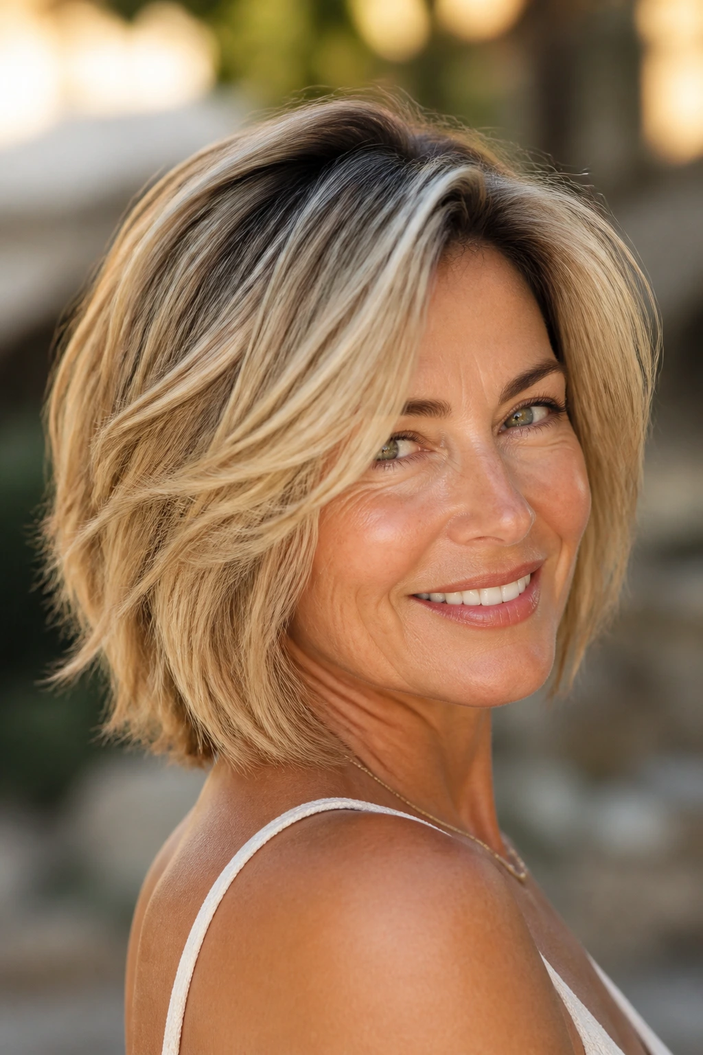 Real woman with a layered bob and butter blonde balayage in golden hour light.