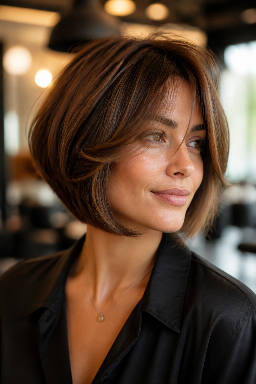 Close-up portrait of a real woman with a layered bob in warm salon light
