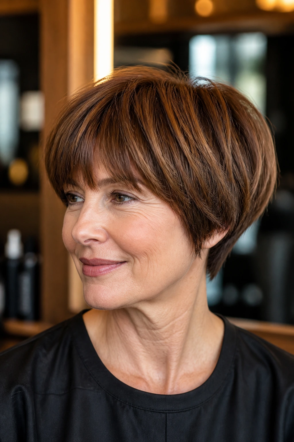 Close-up of a woman with hazelnut brown layered bowl cut.